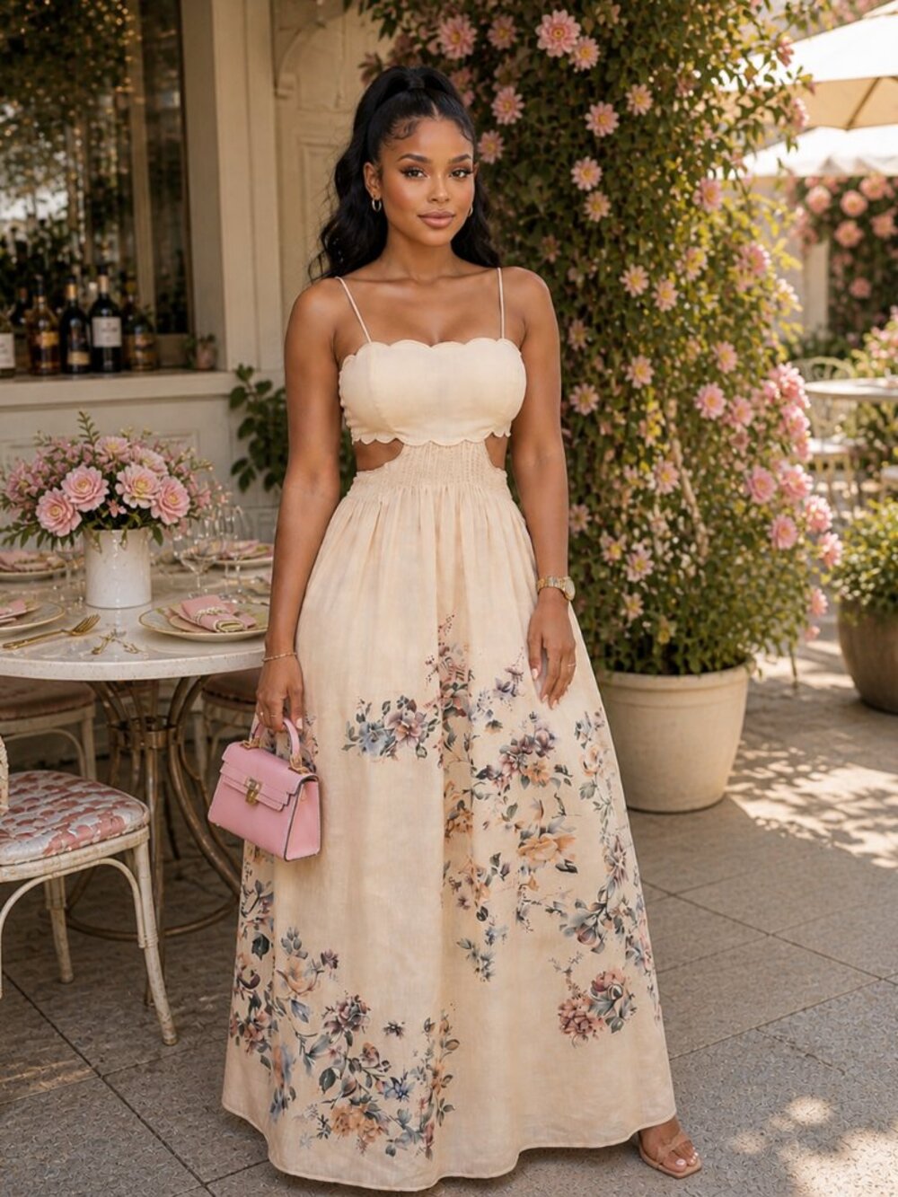 NWT Cream Floral Cutout Maxi Dress with Scallop Bodice, Resort Summer Outfit